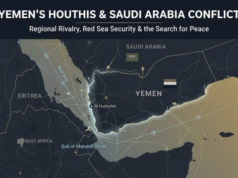 Yemen’s Houthis and Saudi Arabia conflict, showing Yemen, Saudi Arabia, Red Sea security and regional geopolitical tensions.