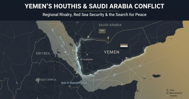 Yemen’s Houthis and Saudi Arabia conflict, showing Yemen, Saudi Arabia, Red Sea security and regional geopolitical tensions.